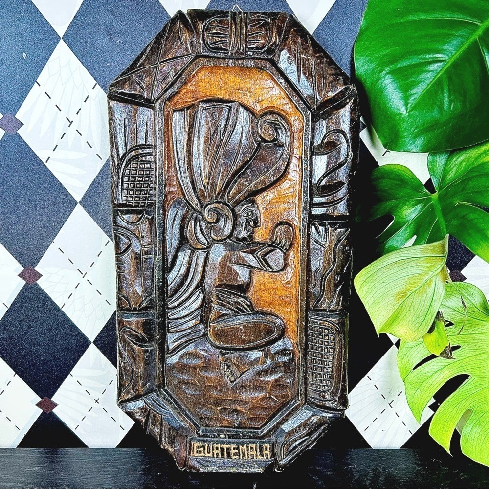 Mayan Figure Wood Wall Plaque 17" Folk Art Hand Carved Guatemala Decor